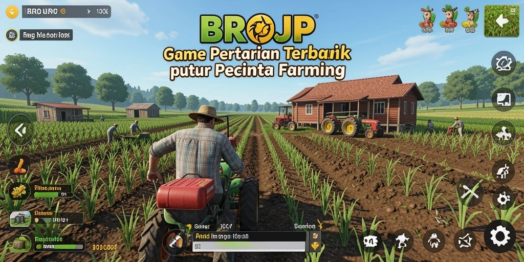 Screenshot utama BROJP menampilkan aktivitas bertani yang seru dan penuh warna.