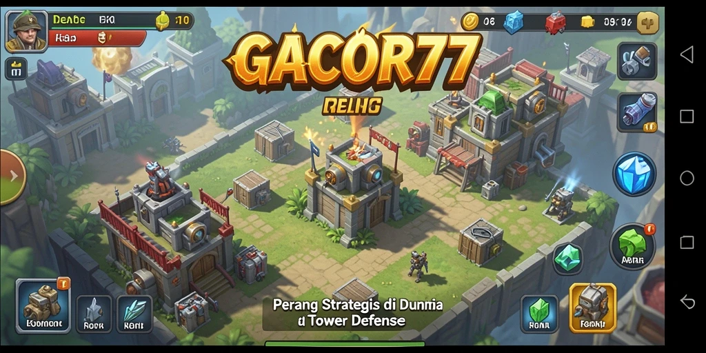 Screenshot gameplay GACOR77 menampilkan menara dan musuh dalam pertempuran Tower Defense.