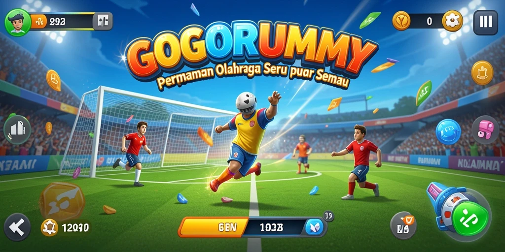 Tampilan gameplay seru dalam GOGORUMMY yang melibatkan adu strategi olahraga.
