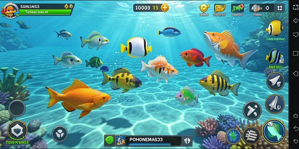 Screenshot menampilkan aksi menembak ikan yang seru di POHONEMAS33.