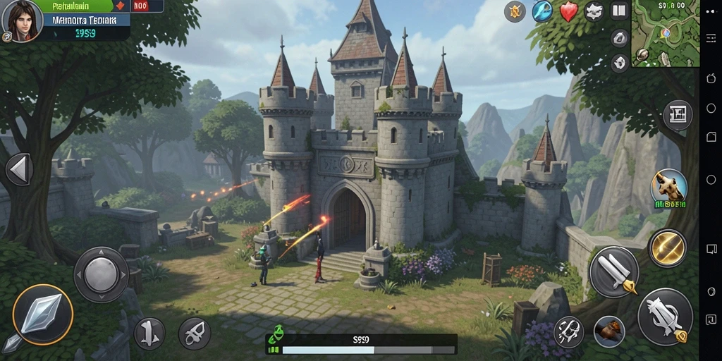 Screenshot S9S9 menampilkan serangan menara dalam gameplay Tower Defense.